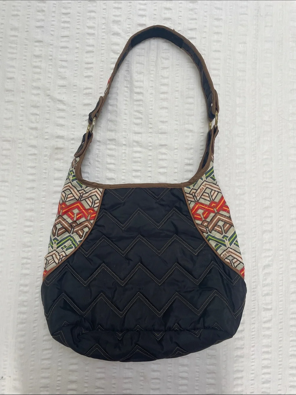 Cinda B Black Chevron Quilted Mini Hobo Bag Geometric Accent Boho